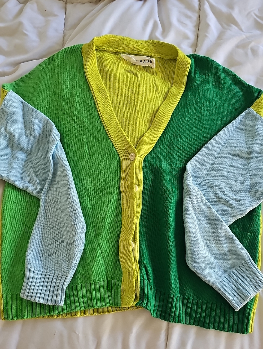 Colorblock Green Cardigan with Light Blue Sleeves
